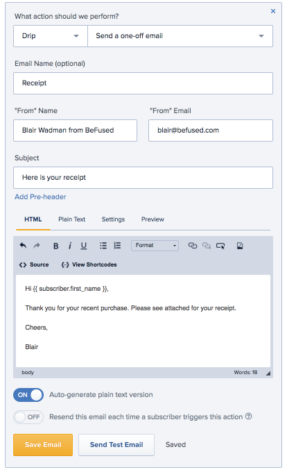 Example of one off email in workflow in Drip