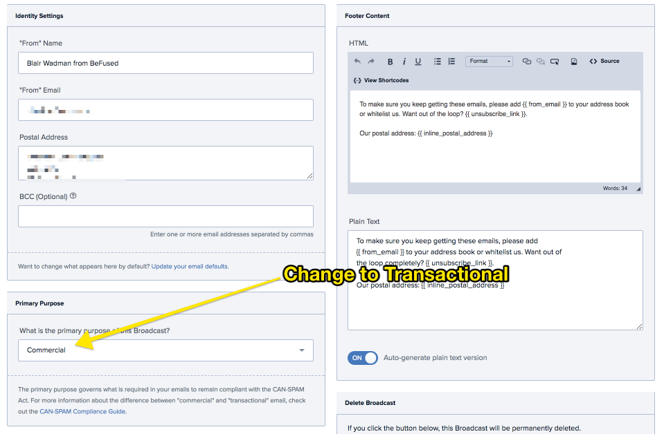 Change primary purpose to transactional